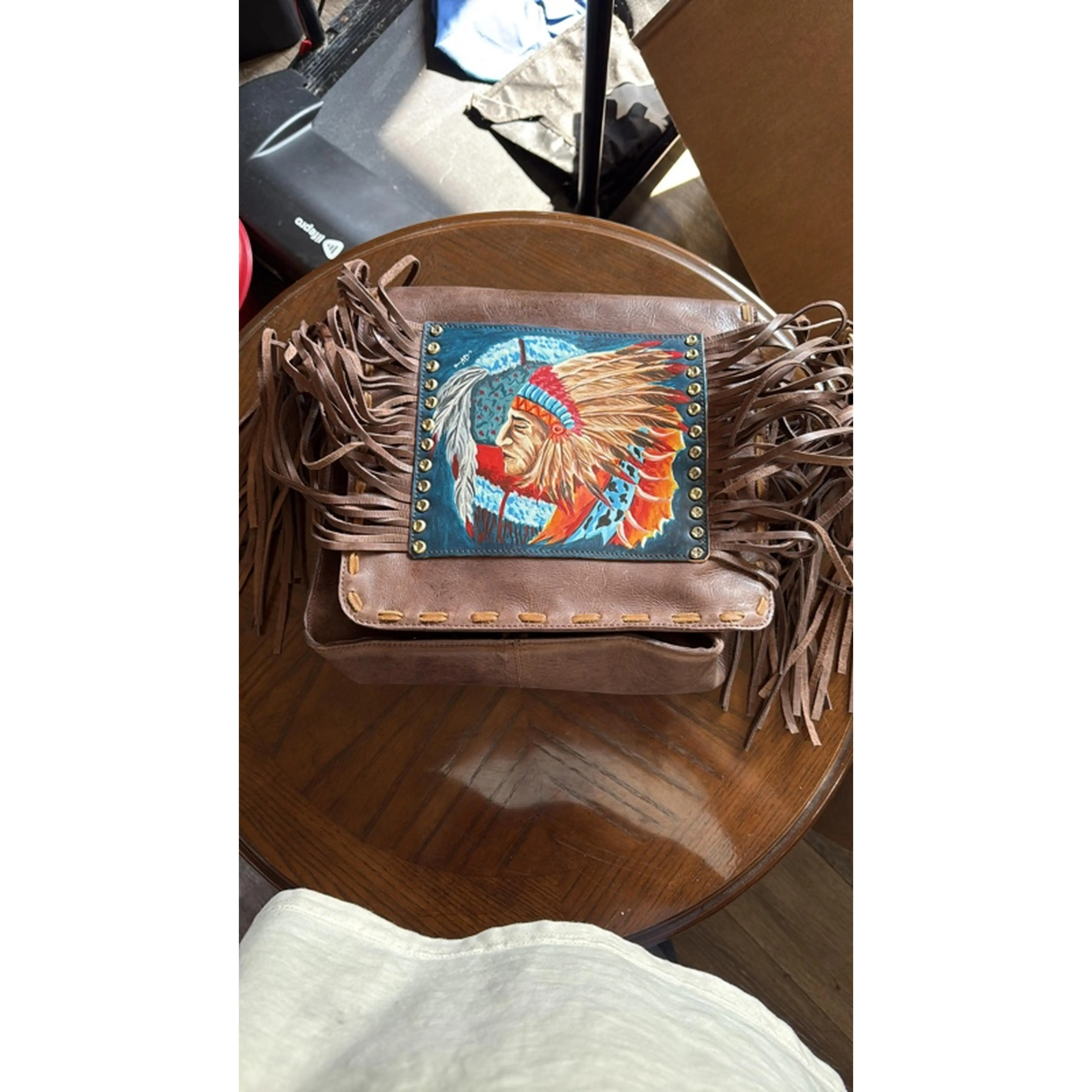 Native American Design Leather Wallet with Fringe and Embroidered Detailing