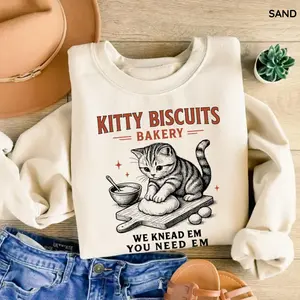 Funny Cat Sweatshirt, Sourdough Bread Kitty Biscuit Sweater, Silly Cat Meme Crewneck Bakery Baker, Gift For Cat Lover