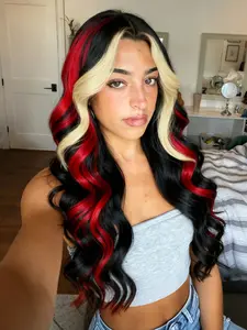 Black Red Blonde Highlight Wig13x4 Lace Front Wigs Money Piece Highlight Wig Pre-Plucked Hairline Skunk Stripe Wavy Wig Body Wave Heat Resistant Synthetic Wig Free Parting Lace Frontal Wigs for Women Daily Wear Party Festival 28 Inch