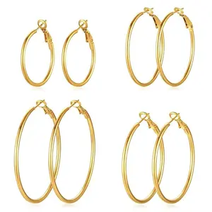 4Pairs/Set Gold Silver Hoop Earrings for Women, 30-60mm Stainless Steel Lightweight Hoops, Hypoallergenic Fashion Jewelry Set，Waterproof Daily Wear Jewelry, Perfect Gift for Wife Mom Girlfriend