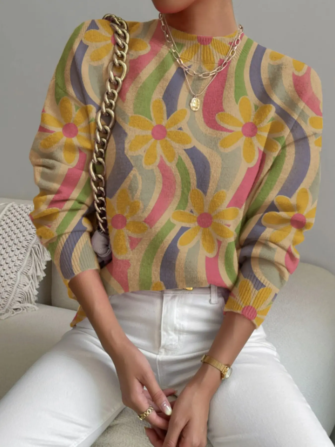 Women's New Fashion Floral Printed Long Sleeve Sweater, Warm Versatile Casual Knitwear, Elegant Fitted Ladies' Pullover