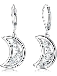 2pcs 925 Sterling Silver Earrings for Women Crescent Moon Dangle Drop Earrings Cubic Zirconia Leverback Earrings Jewelry