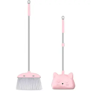 Toddler Cleaning Set – Kids Broom and Dustpan 28" with Cat Design, Small Household Helper Kit for Boys & Girls Learning Cleaning (Pink)