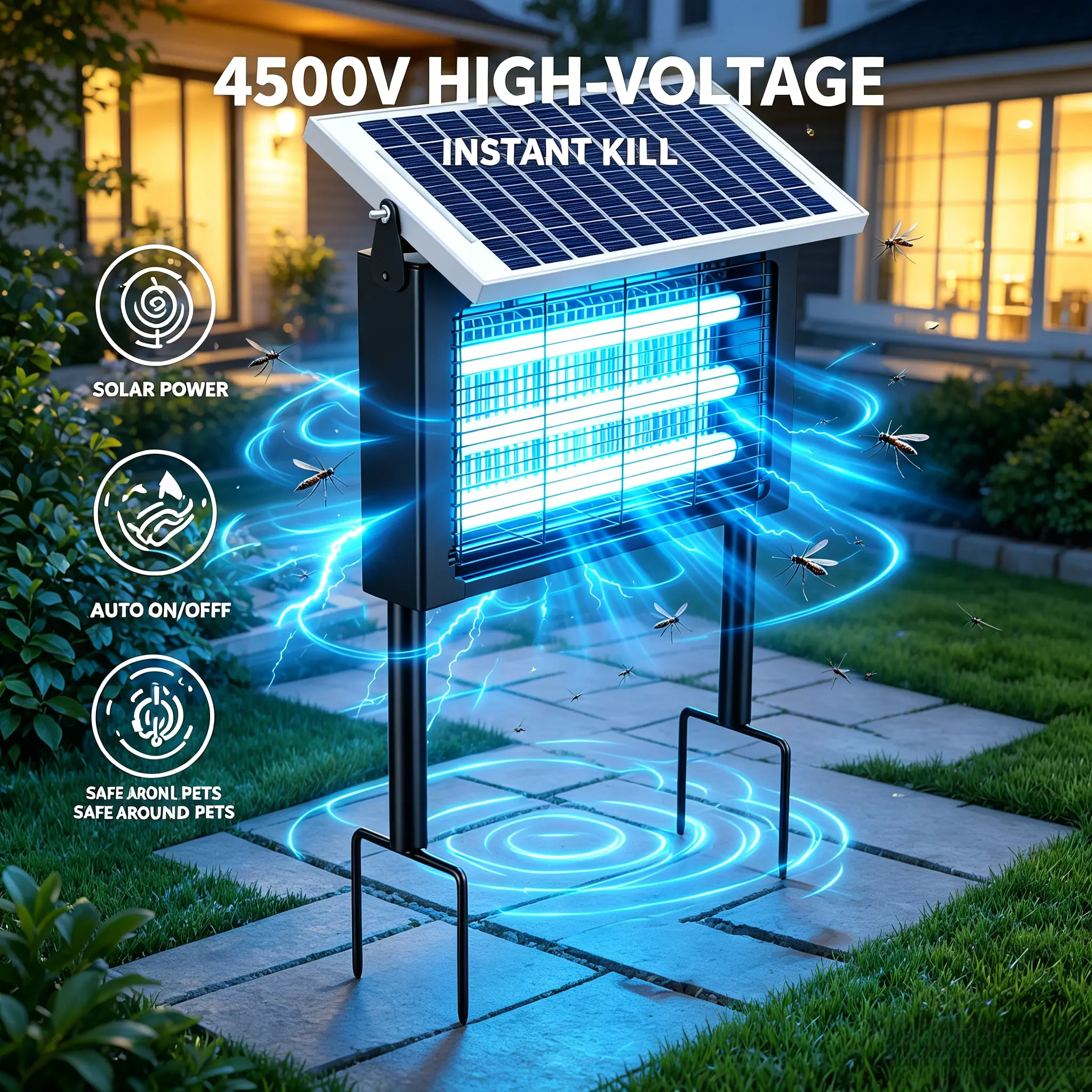 Solar Mosquito Killer Trap Light - 30W Dual USB Solar Charging, 3 LED Tubes, Low Maintenance, Energy-Saving Outdoor Essential for Home Exterior Use