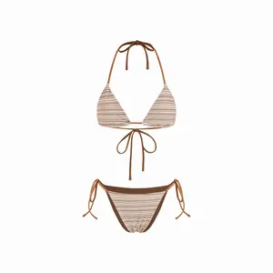 Cider High Stretch Striped Halter Neck Tie Side Triangle Bikini Set