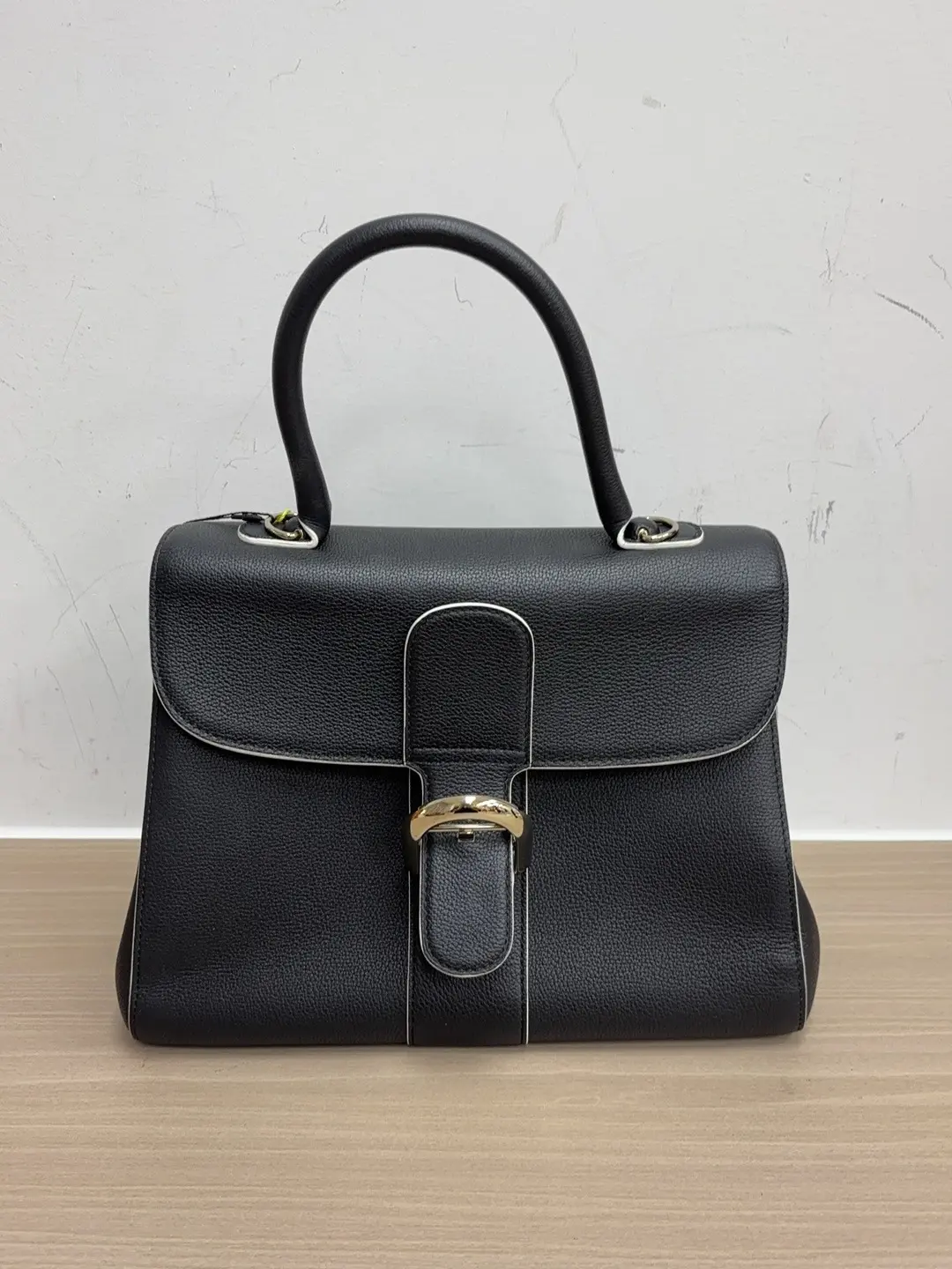 Pre-owned Delvaux Brillant Bag Black Grained Leather with White Edge Gold Hardware BF ky01986