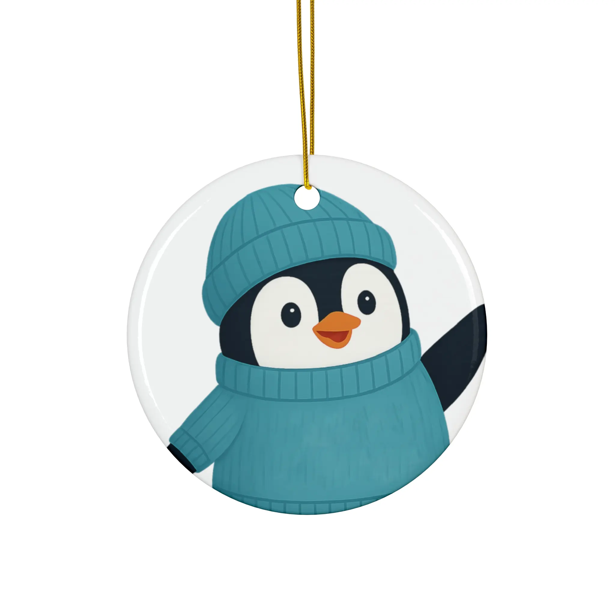 Penguin in Blue Knit Sweater Ceramic Ornament | Round Tree Decoration