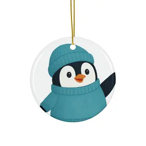 Penguin in Blue Knit Sweater Ceramic Ornament | Round Tree Decoration