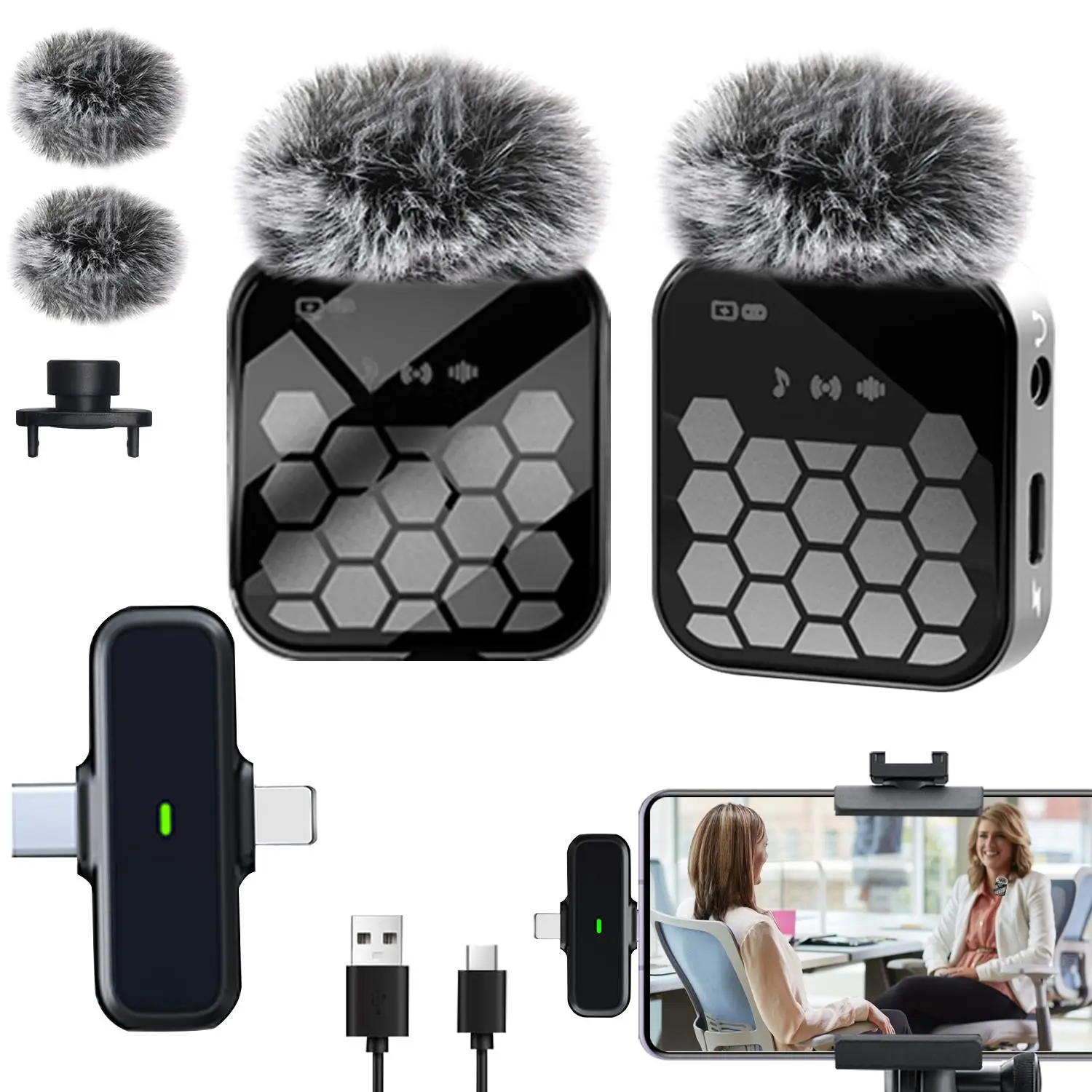 Wireless Lavalier Microphone, 2 Counts Rechargeable Wireless Microphones, Plug & Play Clip-on Microphone for iPhone, iPad, Android, USB-C, Lavalier Mi