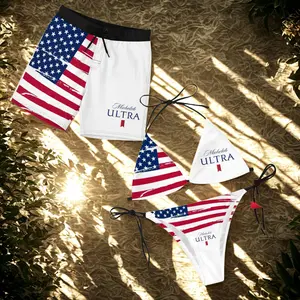 Michelob Ultra American Flag 4th of July Matching Couples Swimwear Set with Iconic Beverage Graphics Adjustable Womens Tie Side Thong Bikini & Mens Beach Swim Shorts Hawaiian Style Summer Vacation Beachwear