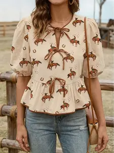 Women's Boho Western Cowboy Print Puff-Sleeve Peplum Blouse - Comfortable Square-Neck Pullover with Bowknot Detail, Fit-Enhancing Silhouette, Versatile for Jeans, Stylish Design #outdoorfun, Style