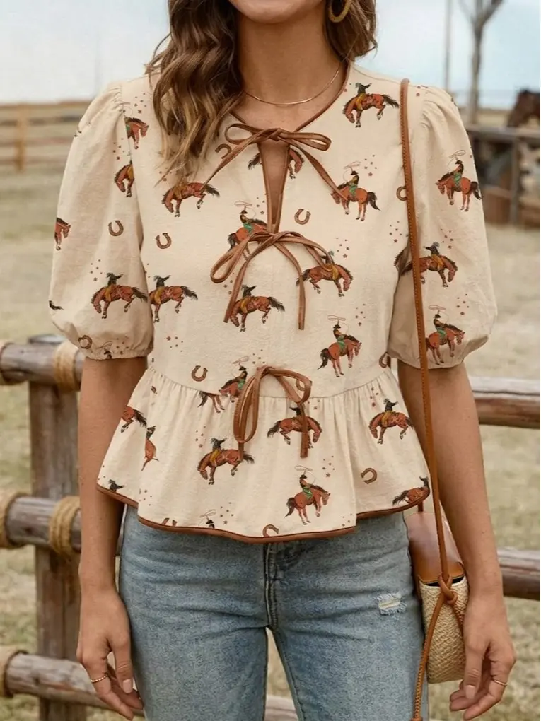 Women's Chic Boho Western Cowboy Print Puff-Sleeve Peplum Blouse - Square-Neck Cotton Top, Bowknot Detail, Fit-Enhancing Silhouette, Medium-Length, Breathable, Versatile for Jeans, Short-Sleeve Option Available