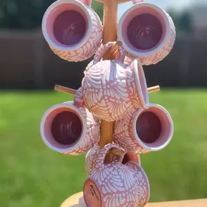 Talavera Original Pink Heart Mug 11oz or Chocolatera mug 8 oz  with Spinning Mug Tree 9 Pieces Handcrafted Ceramic Drinkware Set Made in Mexico kitchen home decor birthday gift for her Coffee Cup Handmade Reusable Washable