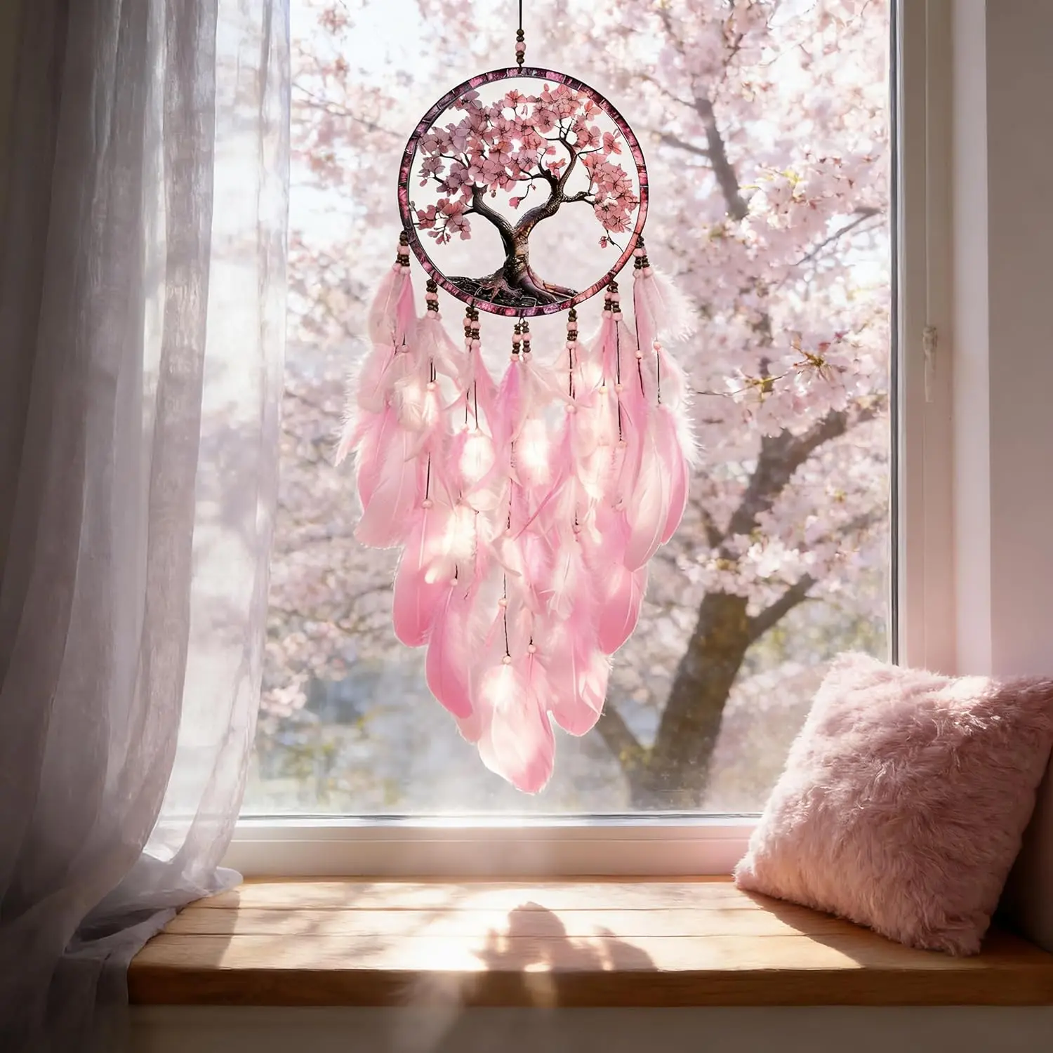 Tree of Life Dream Catcher Wall Hanging - Handmade Feather Room Decor | Natural Beads & Plumage, Bedroom or Living Room, Aesthetic Boho Vibes, Filters Nightmares, Spiritual Gift