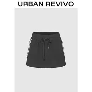 URBAN REVIVO Women's Adjustable-Fit Straight-Cut White Side Stripes Bottom Skirt - Comfortable All Day Basic Everyday Wear, Drawstring, UYY550019 Spring Chic Casual