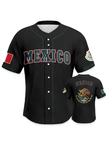 Mexican Button Short Sleeve Hip Hop Baseball Shirt, Athletic Activewear, Game Day Wear, Fashion Versatile, Comfortable Breathable, Retro Streetwear