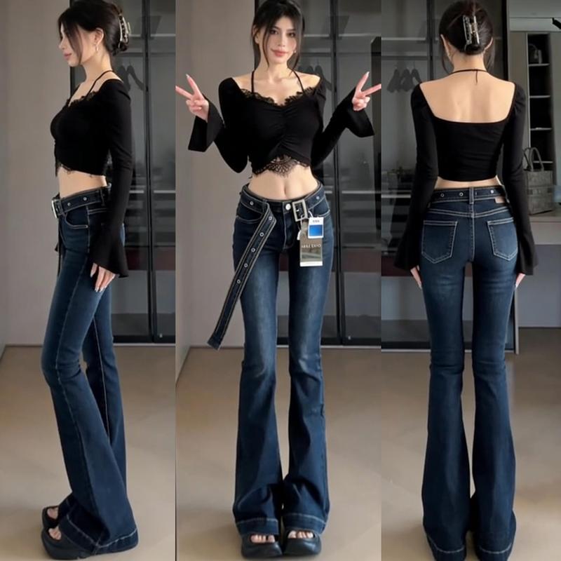 Women's Flattering Bootcut Denim Jeans High-Waisted Slim-Fit Stretchy Fabric Adjustable Belted Waist Leg-Lengthening Silhouette No-Gap Waist for Daily Errands Date Night Casual Chic Outfits