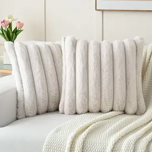 Striped Texture Pillow Cover, Soft Artificial Rabbit Fur Front, Velvet Back, Modern Decorative Sofa Cushion, Suitable for Living Room