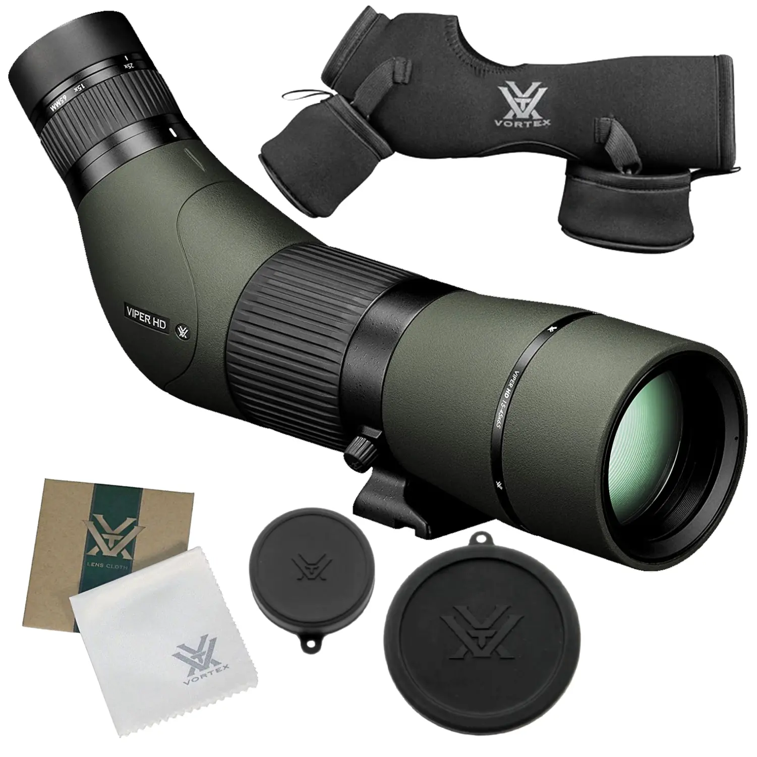 Vortex Optics Viper HD 15-45x65 Angled Spotting Scope (V500) with Free Camo Digital Hat, Tripod, Adjustable Eyecups, Angled Body Design, Arca-Swiss Compatible Mount, Built-In Sunshade, + Free Hat (Camo Digital) + Tripod, Adventure, 12 Months, Coated
