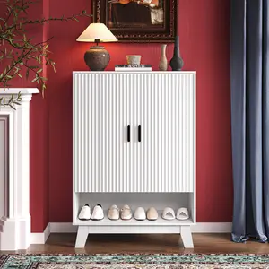 Shoe Cabinet Storage for Entryway, 4 Tier Fluted Shoe Storage Cabinet with 2 Drawers, Narrow Hidden Shoe Organizer with Adjustable Shelves, Freestanding Shoe Rack for Entryway, Hallway, Oak