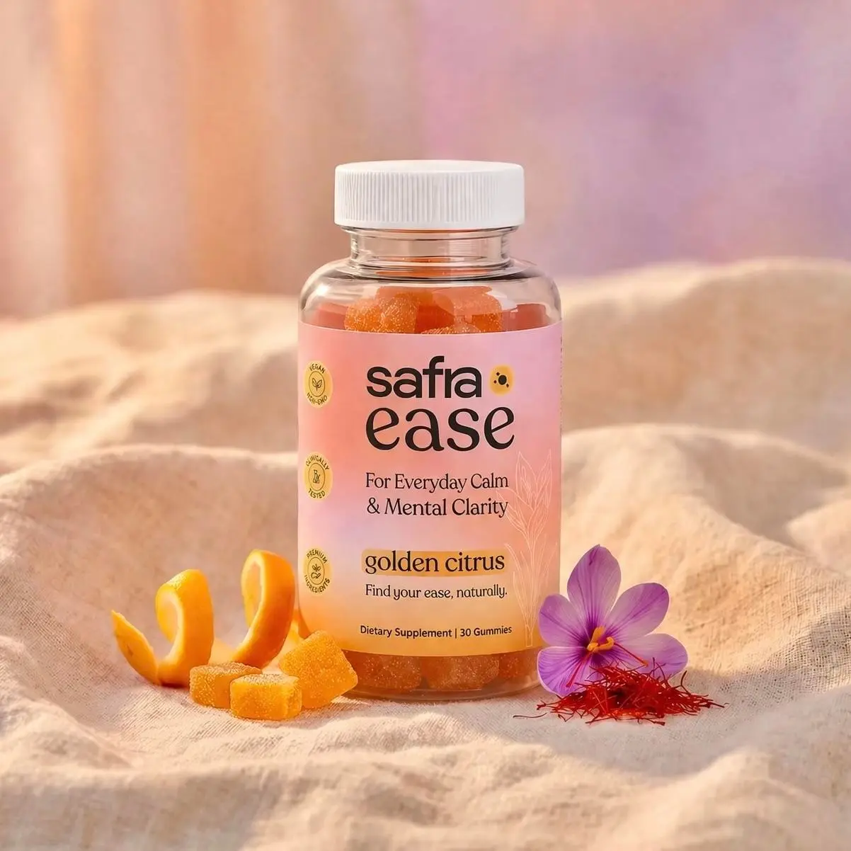 Safra Ease – Saffron & L-theanine Gummies for a Brighter Mood, Less Overthinking & Emotional Balance