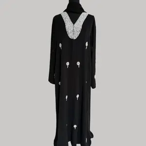 Elegant Black Abaya with Pearl Embellishments Pearl Neckline & Scattered Clusters Lightweight Flowy Material for Weddings Eid Formal Events