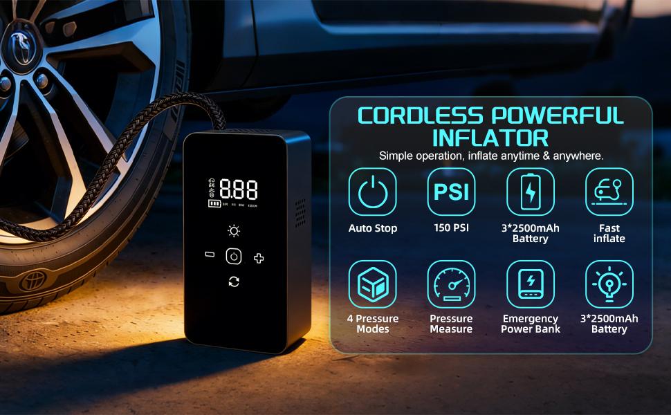 Upgraded Portable Tire Inflator, 150 PSI Cordless Air Compressor, Digital Pressure Gauge, Auto Shut Off Function, LED Light, Long Lasting Battery