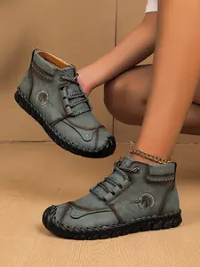 Women's Casual Sports Trainer Shoes, Handmade Large Size PU Leather Laces Mid-Calf Rubber Sole Anti-Slip Durable, Fashionable Multi-Color Trendy Couple Shoes