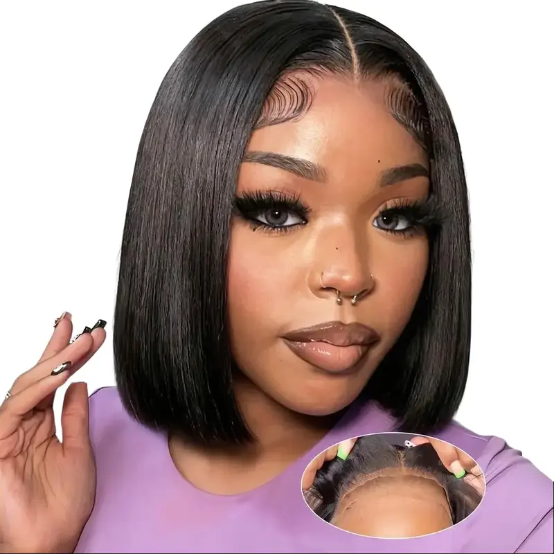 Queen Story Short Bob Lace Front Wig, Raw Vietnamese Straight Human Hair, 5x5 HD Lace with Seamless 5x5 Line, 200% Density Super Double Drawn, Pre-Cut Sections Make Setup Simple, Glueless Straight Wig, Pre-Bleached Knots, Natural Black Color #SohoChic