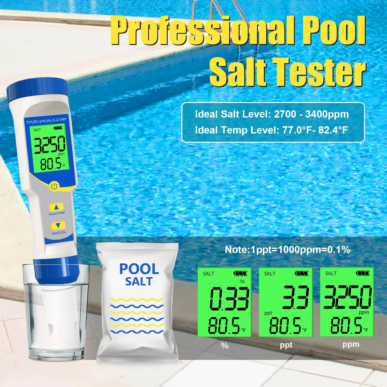 7-in-1 Digital Pool Salt & pH Tester | ORP, EC, TDS, Temp Meter for Saltwater Pools,Water quality tester smart water,testing my pool water with water