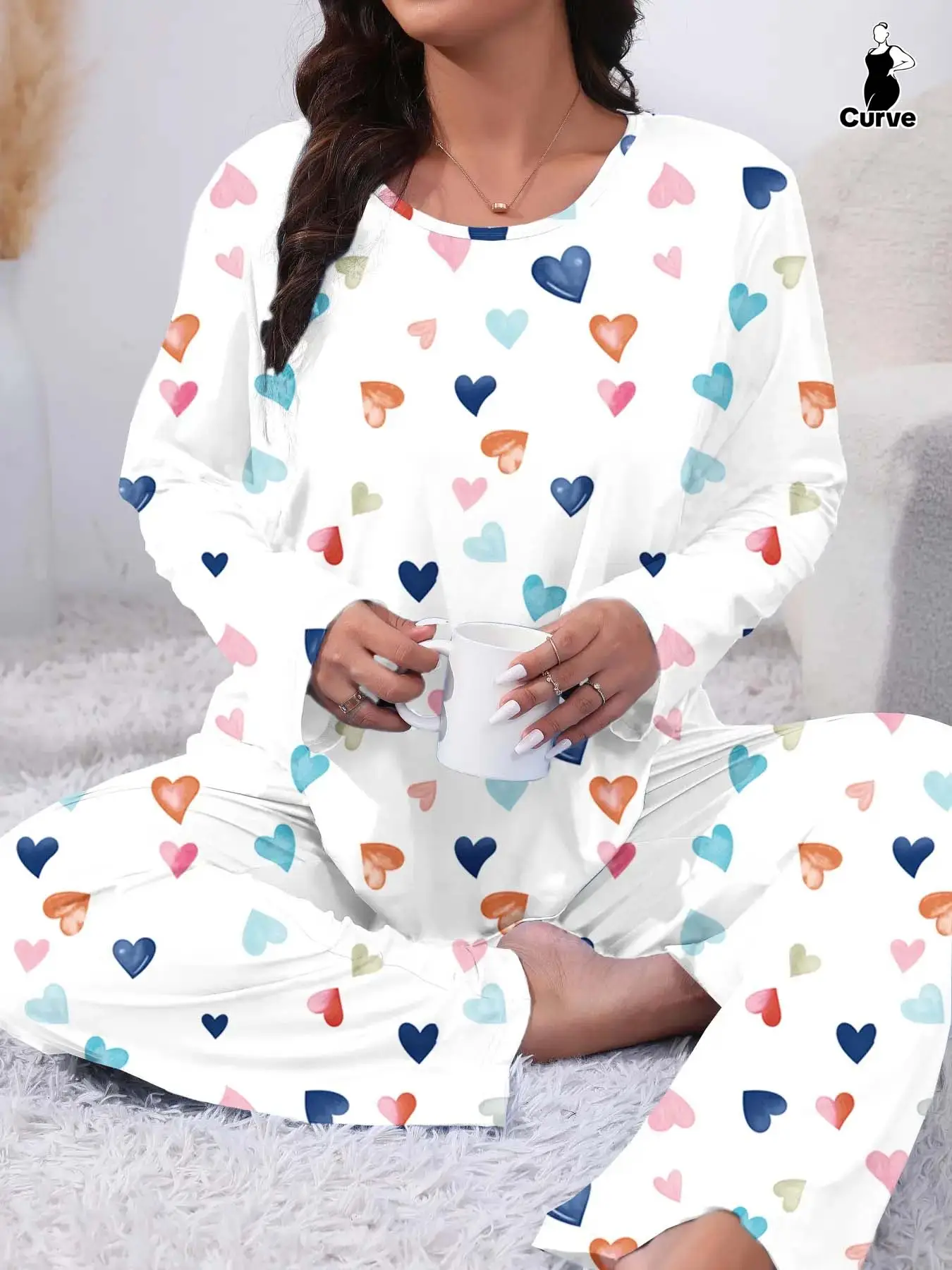 Two-Piece Set Plus Size Heart Print Pyjama Lounge Set, Casual Long Sleeve Tee & Pants, Women's Plus Sleepwear & Homewear for Spring & Fall, Fall Wear,