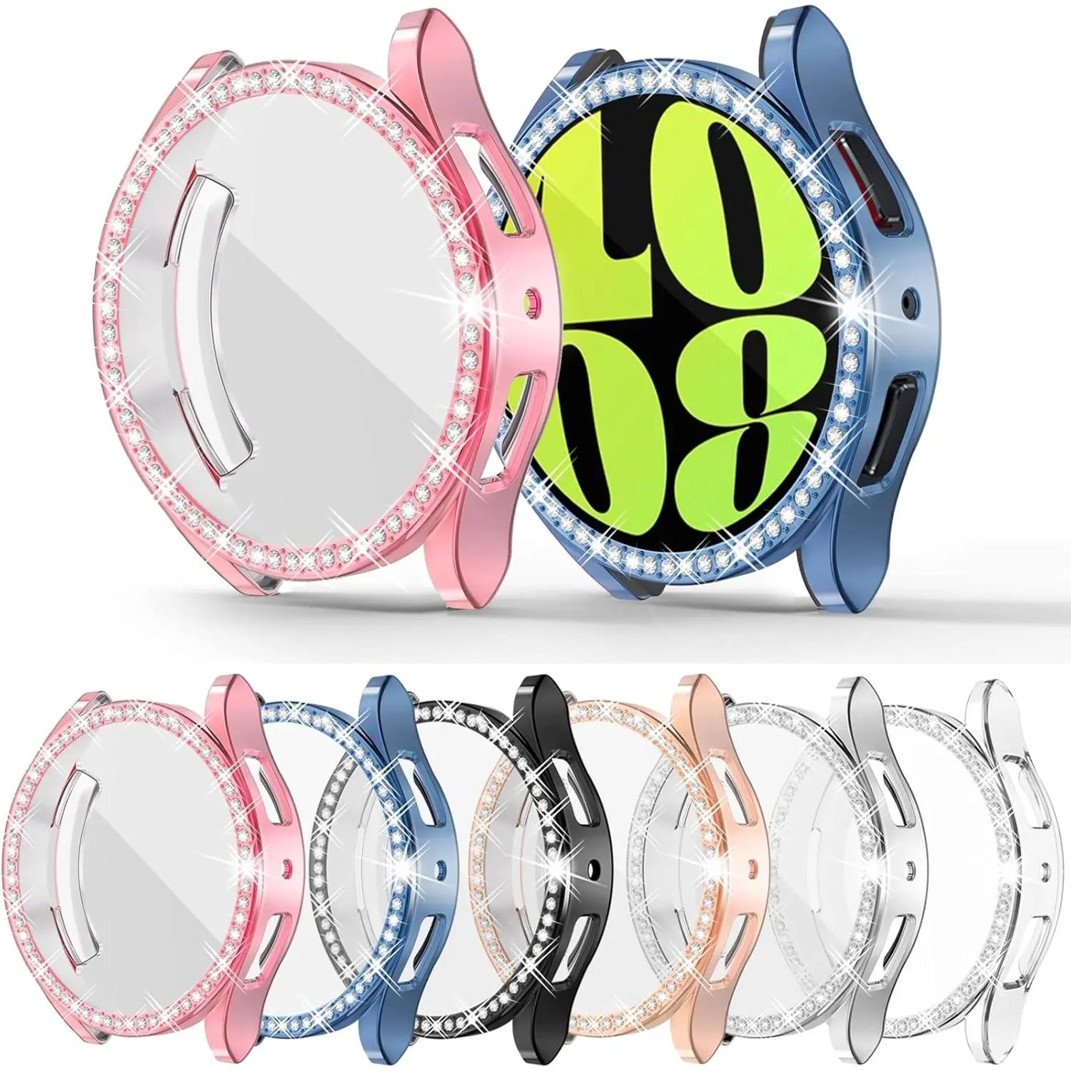 [6Pack] for Galaxy Watch 6 44mm Rhinestones Screen Protector Cases Samsung Smart Watch 6 Protective Covers Accessories Flexible TPU Glitter Watch Bumper for Women Men, Anti-Scratches