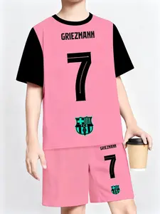 2026 Summer Children Griezmann 7 Set, Barcelona Style Colorblock Tee Shorts Two-Piece, Casual Football Sportswear