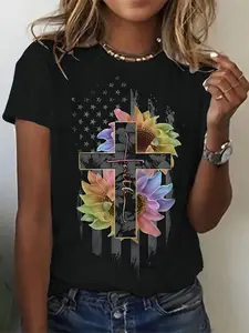 Women's Vintage Sunflower Floral Flag Print Short Sleeve T-Shirt, Casual Fitted Tee, Comfortable Skin-Friendly, Perfect for American Style Lovers