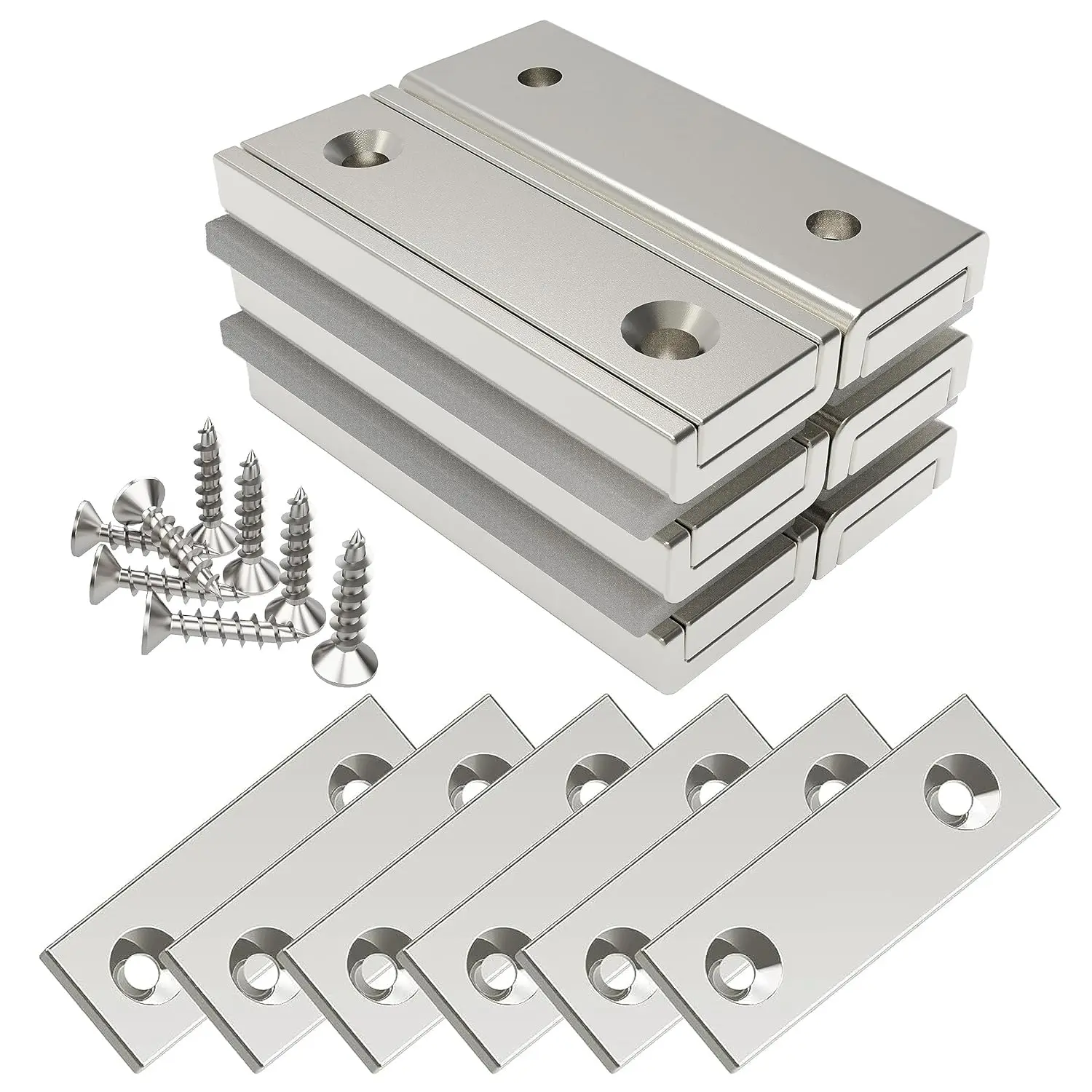 6 Pieces Neodymium Rectangular Magnets 45 lb Force 40 x 13.5 x 5 mm with 6 Counterparts, Strong Household and Industrial Rare Earth Magnet with Steel Capsule and Mounting Screws