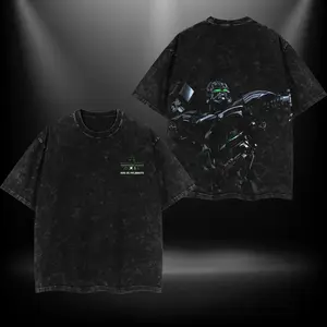 Men's Vintage Acid Wash Double Sided Black Robot Warrior Graphic Oversized T-Shirt, 100% Cotton King of The Robots Letter Print Streetwear Top, Match Baggy Cargo Pants, Trucker Hat & Platform Sneakers for Techwear, Comic Con & Urban Daily Outfits
