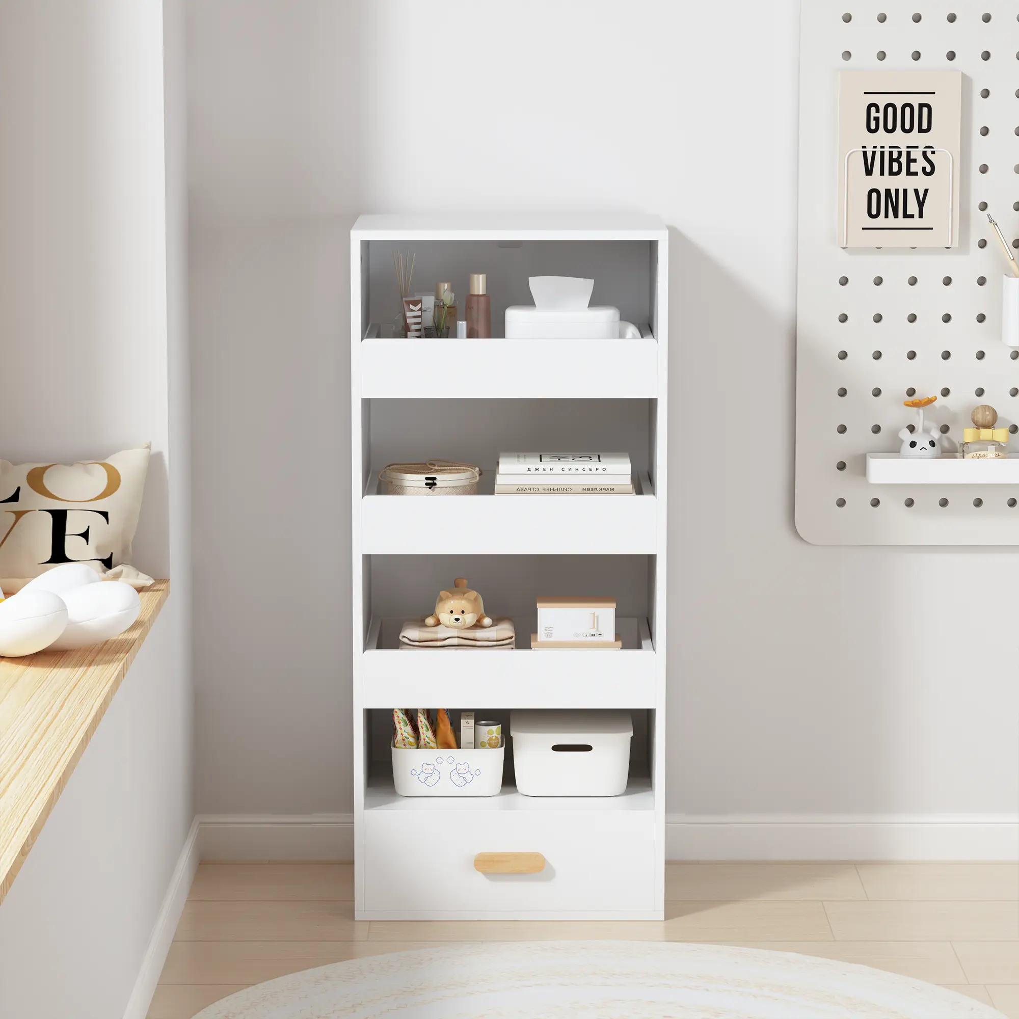 4-Tier Freestanding Bookcase with 3 Sliding Drawers and 1 Bottom Drawer, Indoor Living Room Furniture Shelves & Racks