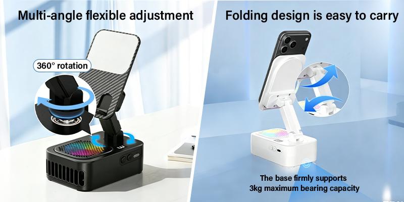 5-in-1 Portable Wireless Induction Audio Speaker Stand - 360° Adjustable Rechargeable Phone/Tablet Holder, Desk Fan,Gift for Men/Women for Office, Travel