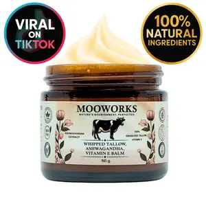 MooWorks Whipped Tallow Balm - 100% Grass-Fed Beef Tallow, Ashwagandha & Vitamin E Oil - Nourishing Face Moisturizer, Body Lotion, Skin Care, Lip Care, Hydrating Skincare - Moisturizing