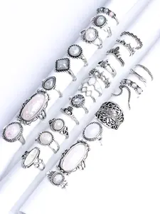 28pcs/set Unisex Boho Style Geometric & Texture Metal Design Rings, Vintage Trendy Artificial Gemstone Decorated Rings, Fashionable Rings for Women & Men for Daily Decoration, Stackable Rings, Statement Multi Ring, Stacking Ring Set, Vintage Rings Jewelry