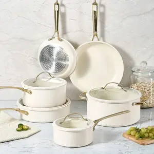 Chef Power 10-Piece Ceramic Non-Stick Cookware Set with Stainless Steel Handles Dishwasher & Oven Safe Cream White & Gold Accents Induction Gas Electric Safe