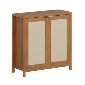 Boho Accent Cabinet with Rattan Decorated Doors, Sideboard Buffet Kitchen Storage Cabinet, Entryway Accent Cupboard Console Table with Adjustable Shelves and Drawers for Living Room Hallway Dining Room in Oak Finishes