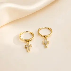 Hoop with Mini Cross with Zirconia in 18K Gold
