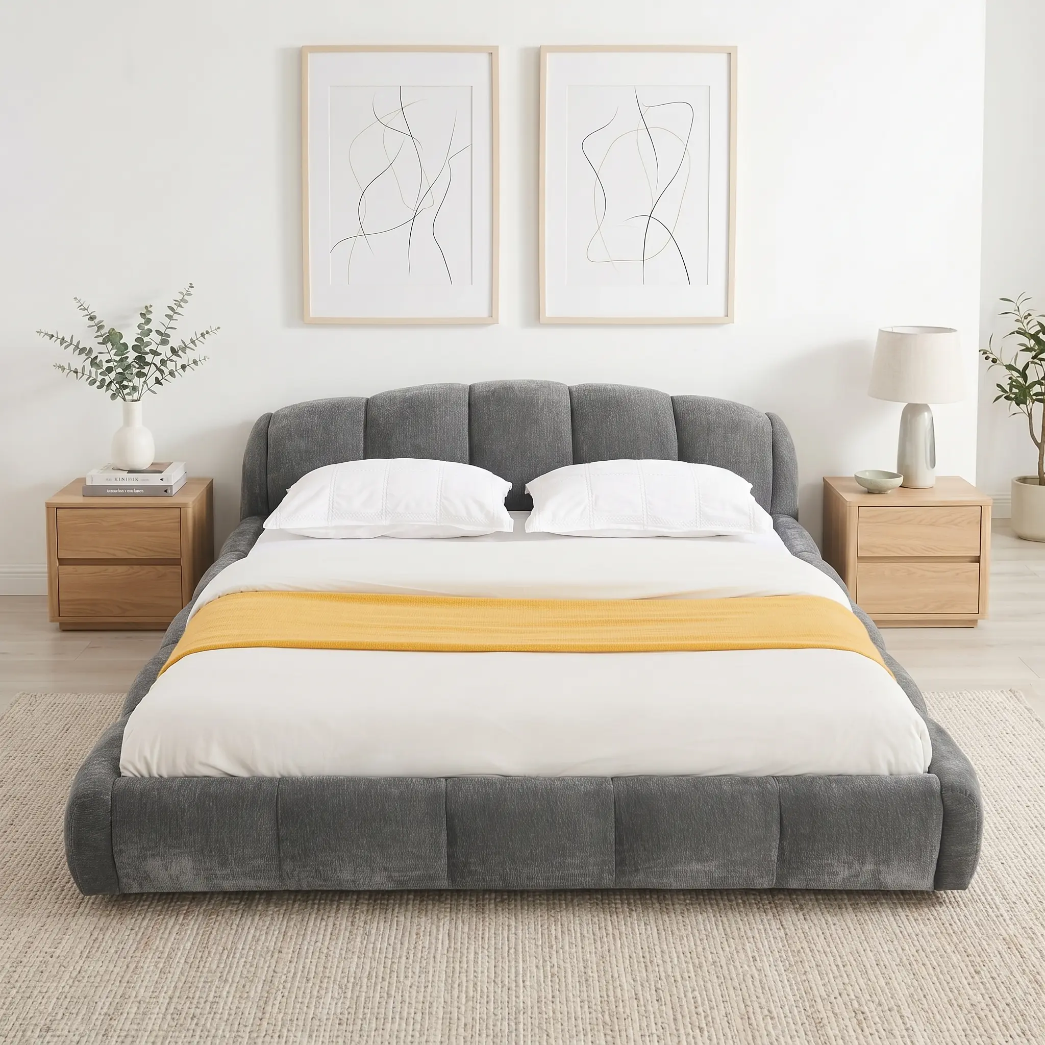 ELSEADY Chenille Upholstered Platform Bed Frame  Elegant Bed with Curved Headboard Wrapped Footboard, Low Profile Floor Bed, No Box Spring Required, Easy Assembly