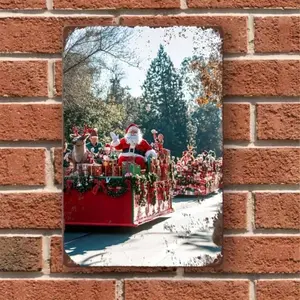 [2D Flat] 8x12 Inch Vintage Oil Paing-Themed Christmas Scene  Sign, Festive Santa & Reindeer Parade Design. Perfect for Home, Bar, Garage, Club, Restaurant, Cafe Decor. Easy to Hang, Holiday Wall Art, Vintage Christmas Decor, Durable  Sign.