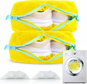 Shoe Washing Machine Bags 2-Pack 360° Deep Cleaning Protects Shoes & Washer Self-Locking Zipper Design Reusable Laundry Bags for Washing Two Pairs at Once Yellow Washable Washable removable wash tennis sneaker size