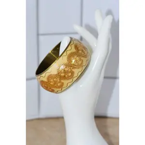Broad and Wide Gold Filigree Brass & Enamel Bangle Bracelet Cuff