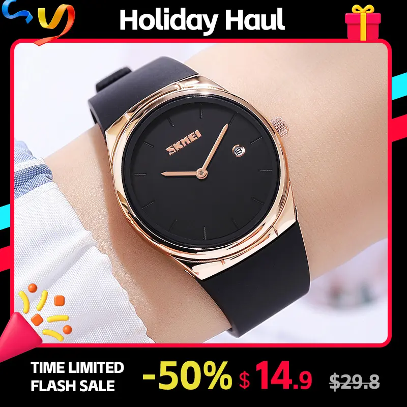 SKMEI Women's Round Analog Fashion Quartz Watch with Quartz Movement, 32.6Mm Exquisite Dial, Simple Case, 30M-50M Waterproof, TPU Band, Casual Modern Wristwatch for Girls, Analog Quartz Watches