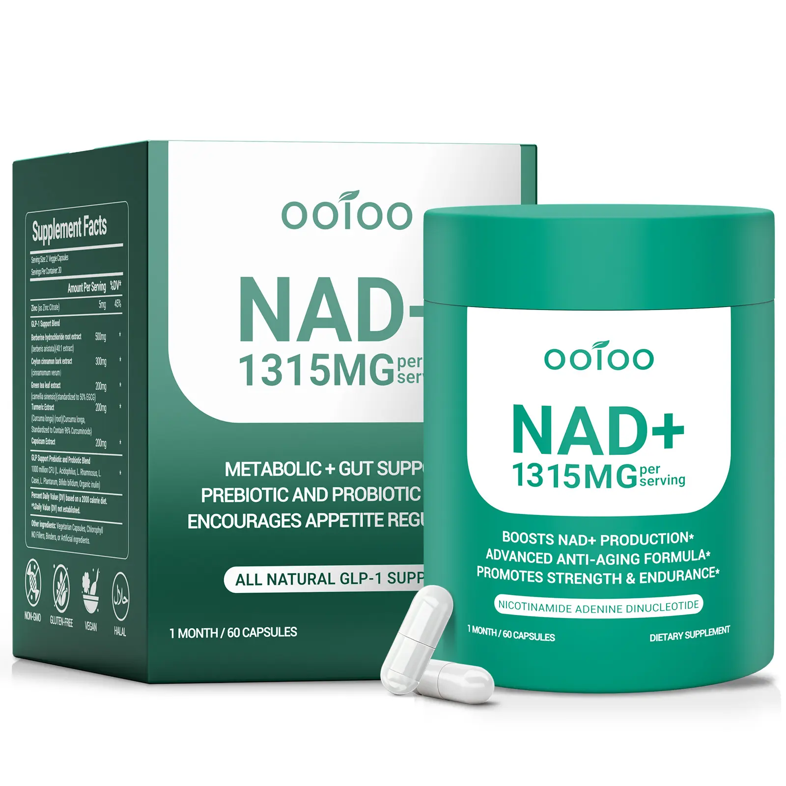 OOIOO NAD+ Premium Supplement: A NAD supplement containing resveratrol. Each serving contains 1315 mg, 60 capsules (30-day supply). Helps replenish energy and slow aging.