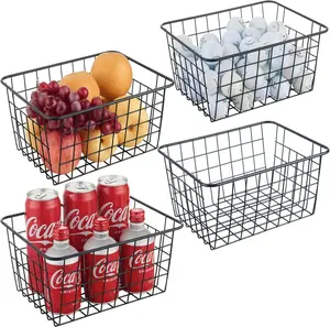Wire Kitchen Storage Basket 4 Packs, Pantry Organization Accessories Basket,Laundry Baskets,Countertop Organization,Suitable for Kitchen,Bathroom,Bedroom,Tabletop,Stackable,Black